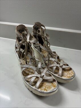 Fly London Metallic Lace-Up Wedge Sandals - Silver/Tan